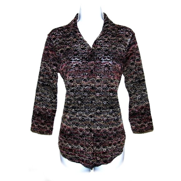 Chico's Metallic Multi-color Embroidered Stretch Mesh Blouse Size 0 Black - Picture 1 of 15